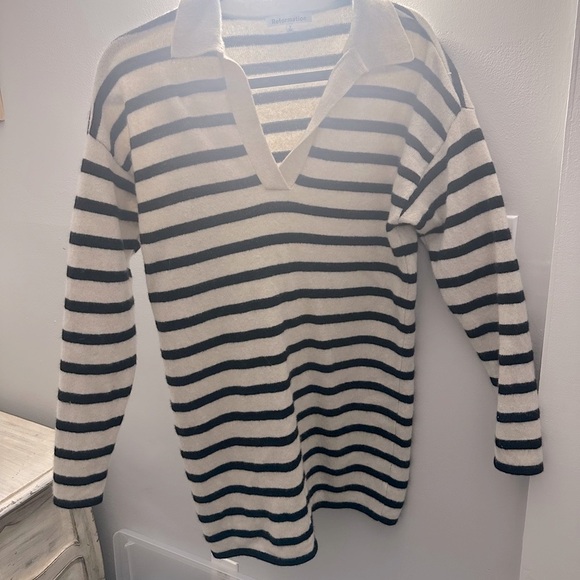 Reformation Doreen Cashmere Polo Mini Dress, Size: Small, Gossamer Black Stripe - Picture 9 of 10